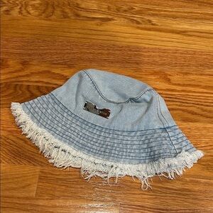 Women's light blue Denim Bucket Hat with Fringe trim prank winter